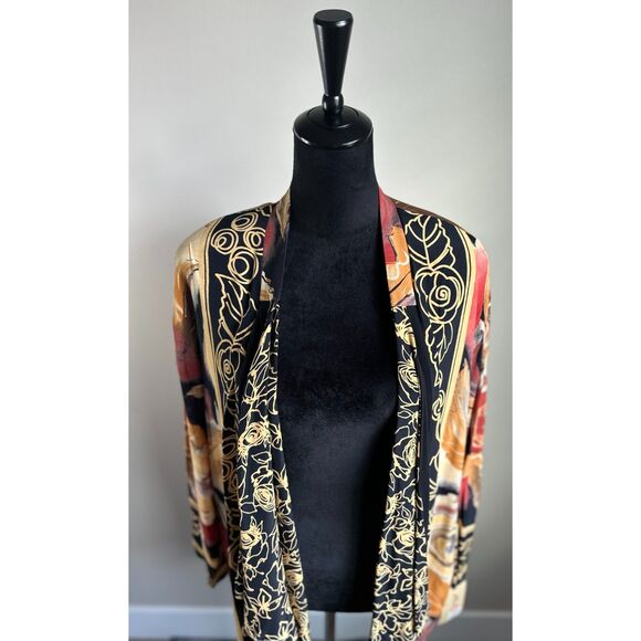NWT A.K.F. Women's Cut Butter Yellow Rust Abstract Botanical Print Kimono Size M - Picture 2 of 10